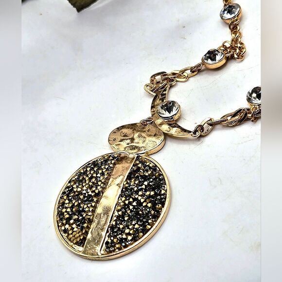 Jewelry - "5/$25" Long Faux Black Drusy Goldtone Rhinestone Station Necklace